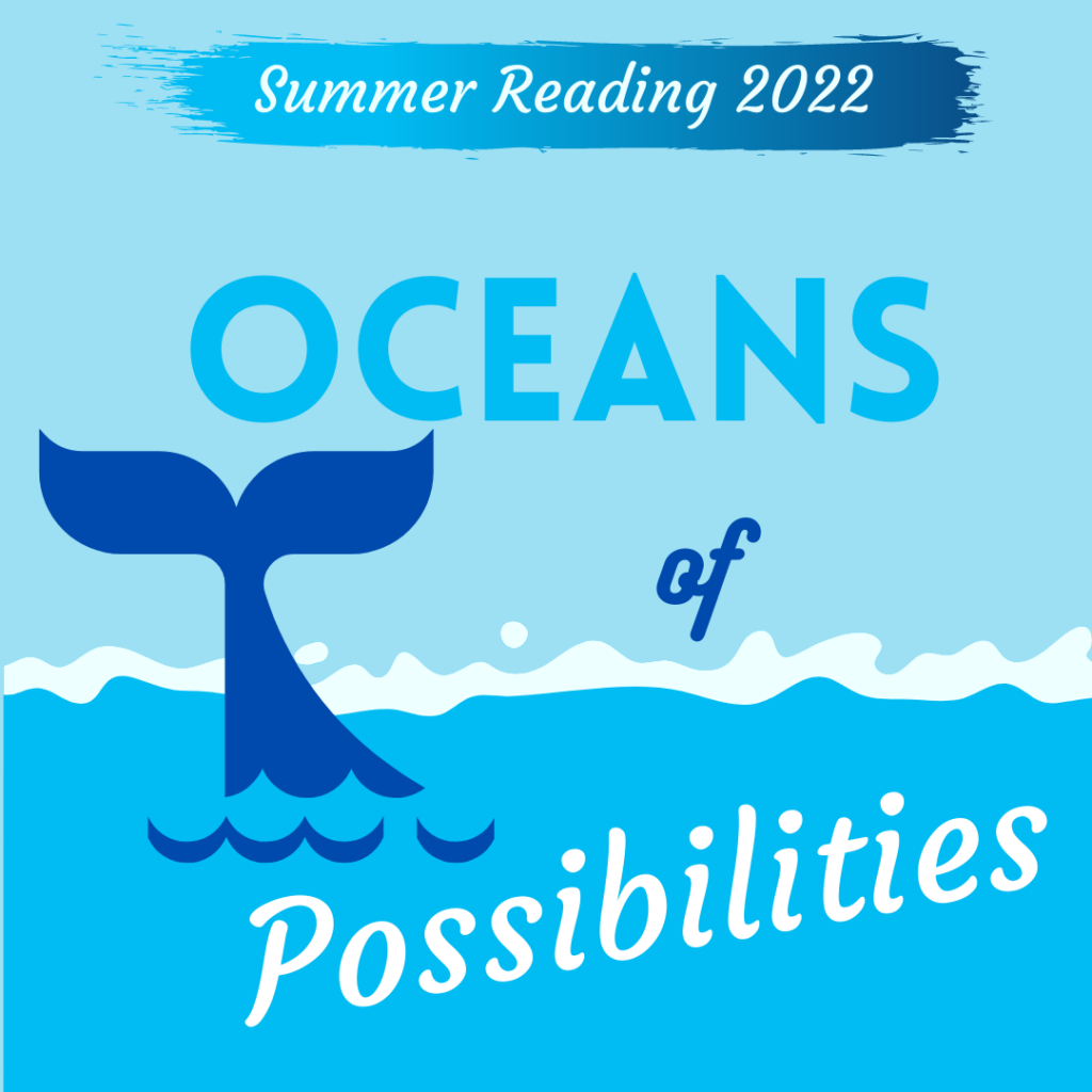 Graphic of a whale tale in water, with text that reads: Summer Reading 2022: Oceans of Possibilities